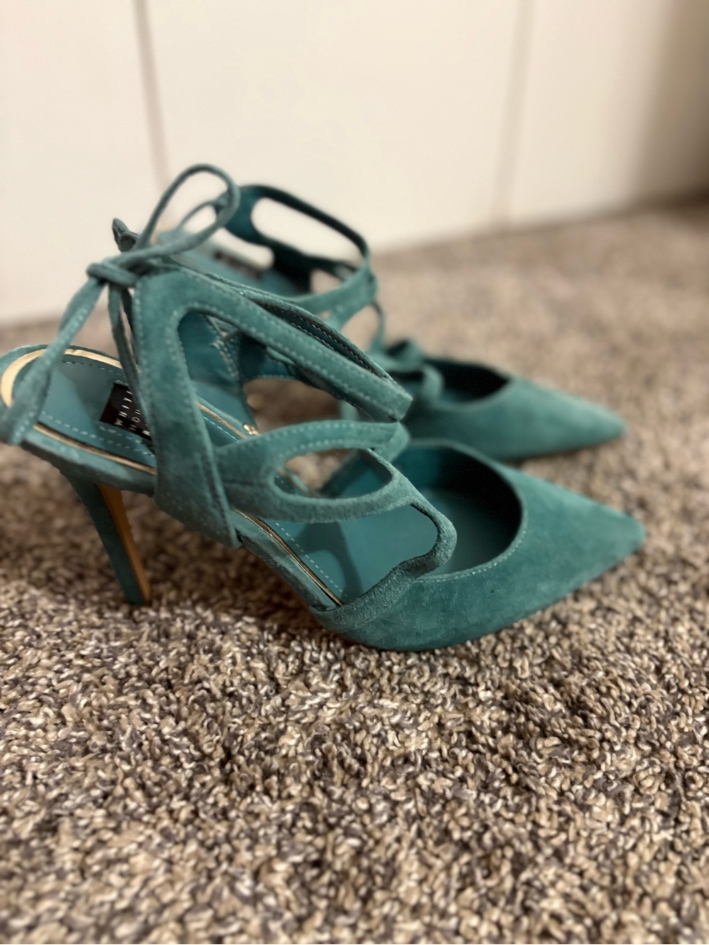 White House Black Market Teal Suede Pointed Lace-Up Heels